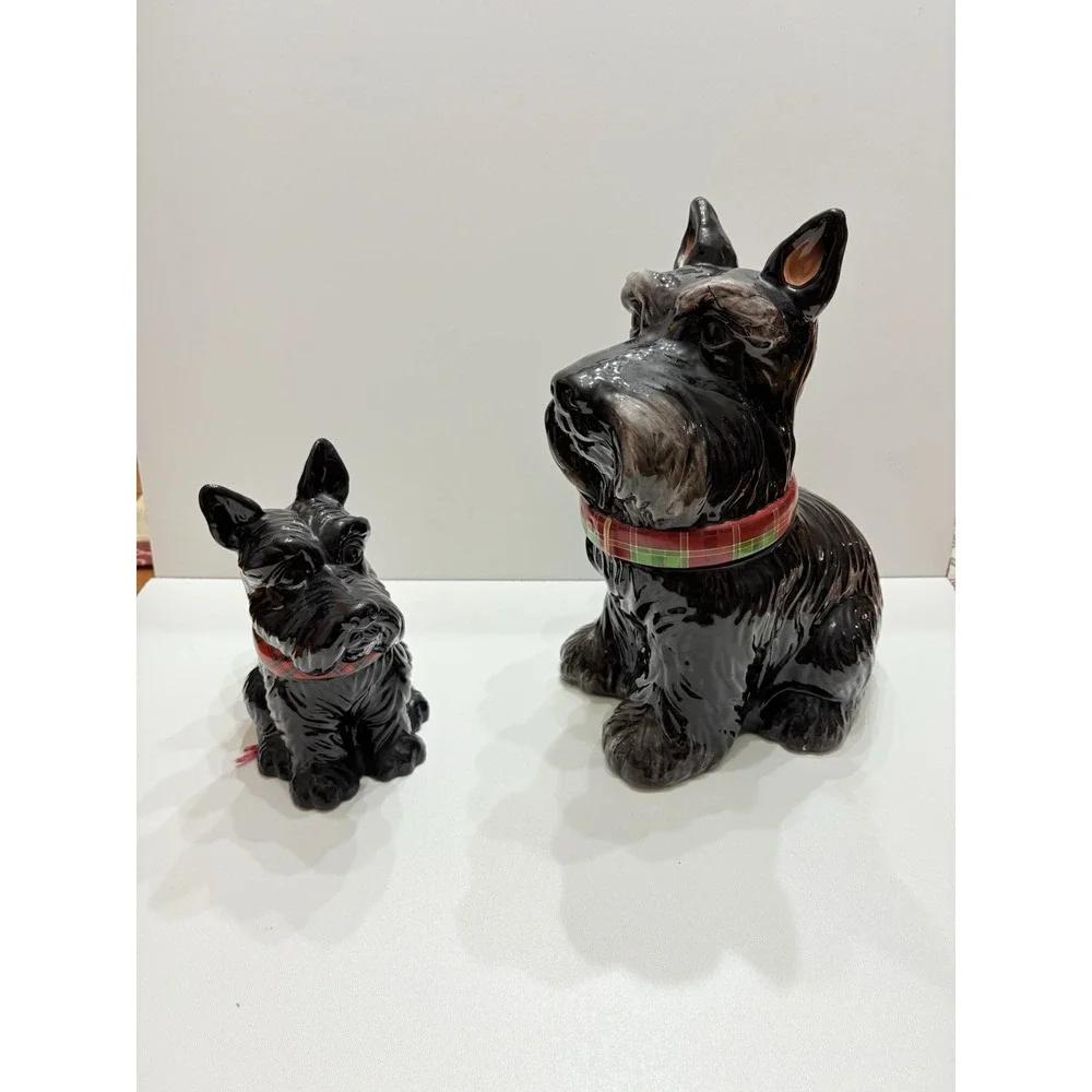 Scottie Dog Cookie Jar Black Plaid Collar David's Cookies/Jeffrey Banks and mug‎